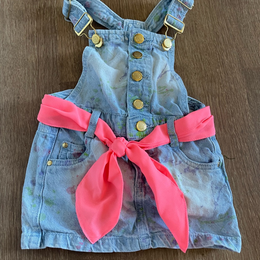 Girls Jean overalls with neon pink bow